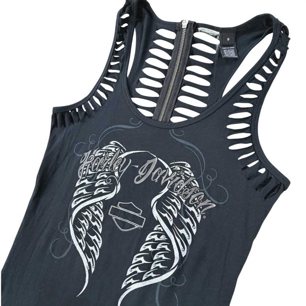 Y2K Angel Harley-Davidson Tank Top Women SM Black Studded Wings Grunge Workout